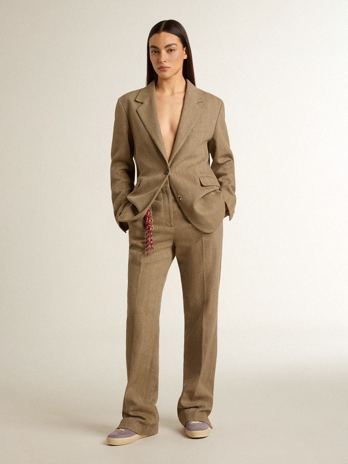 Women's single-breasted blazer in sand-colored herringbone