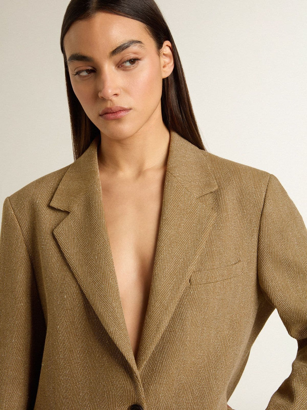 Women's single-breasted blazer in sand-colored herringbone