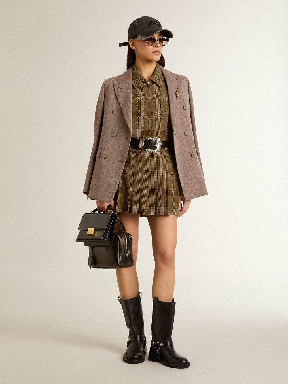 Women's double-breasted blazer in beige chevron wool blend