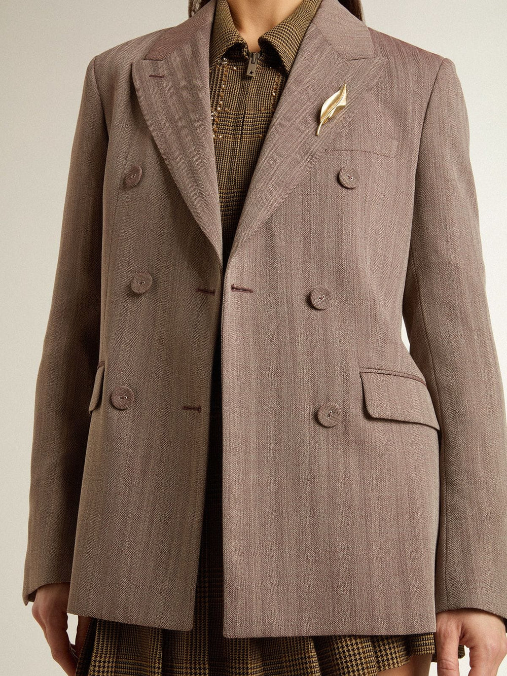 Women's double-breasted blazer in beige chevron wool blend