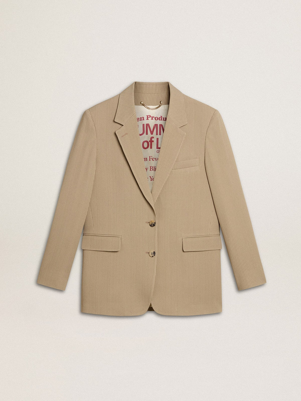 Women's beige pinstripe single-breasted jacket with an oversized fit