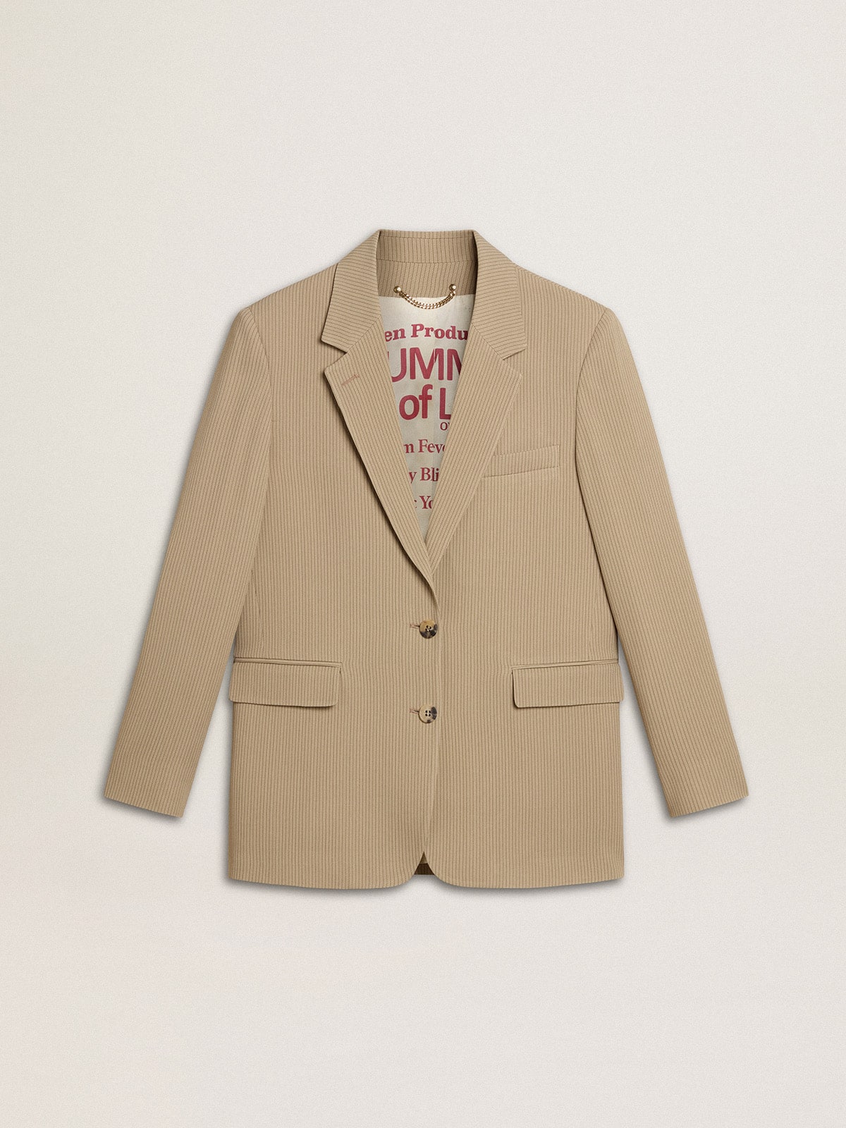 Women's beige pinstripe single-breasted jacket with an oversized fit