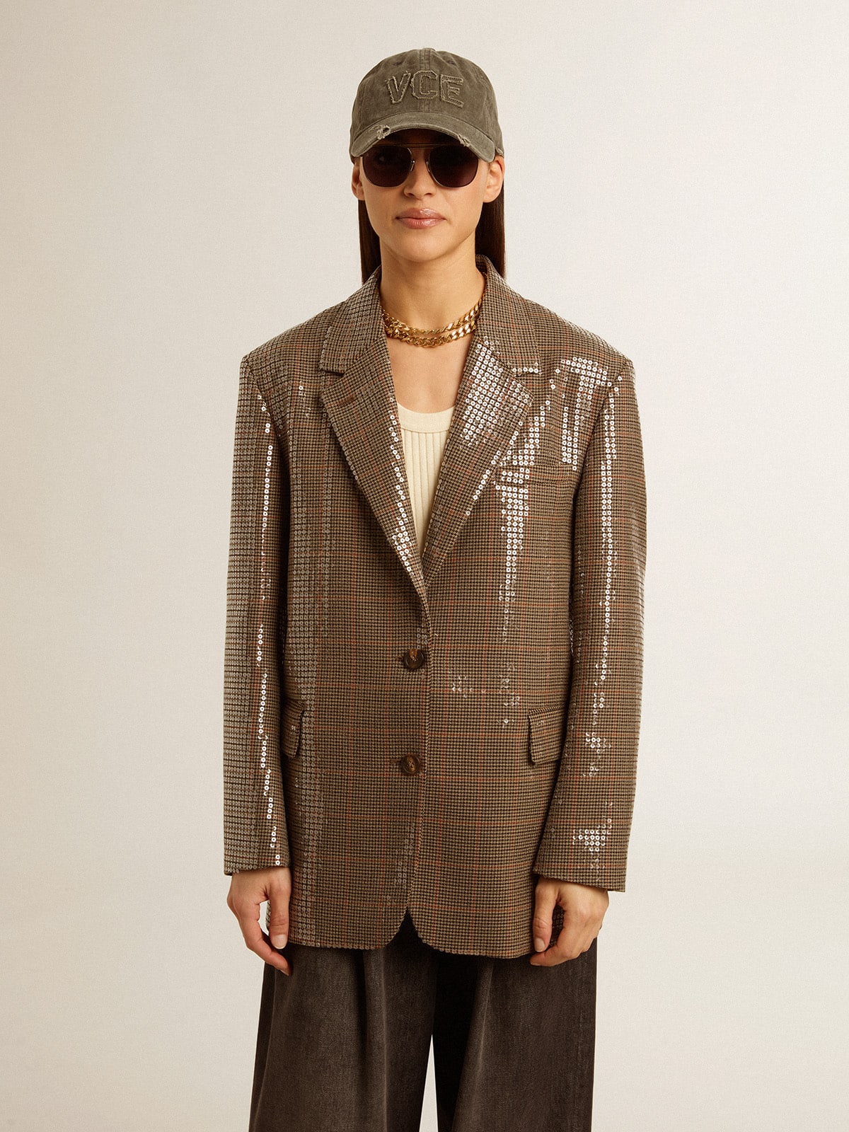 Women's houndstooth jacket with all-over sequin embroidery