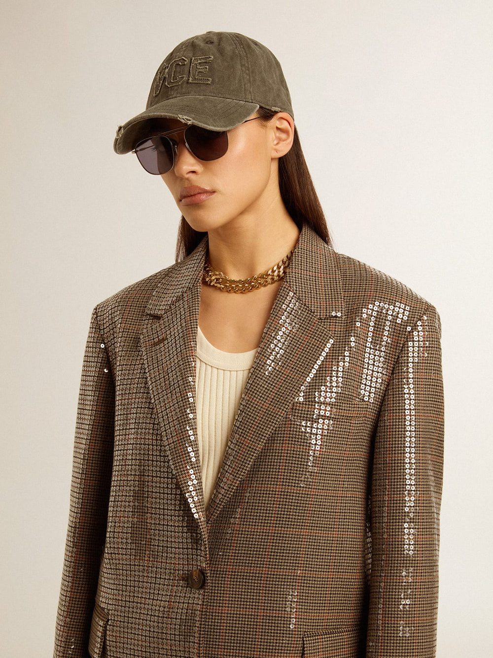 Women's houndstooth jacket with all-over sequin embroidery