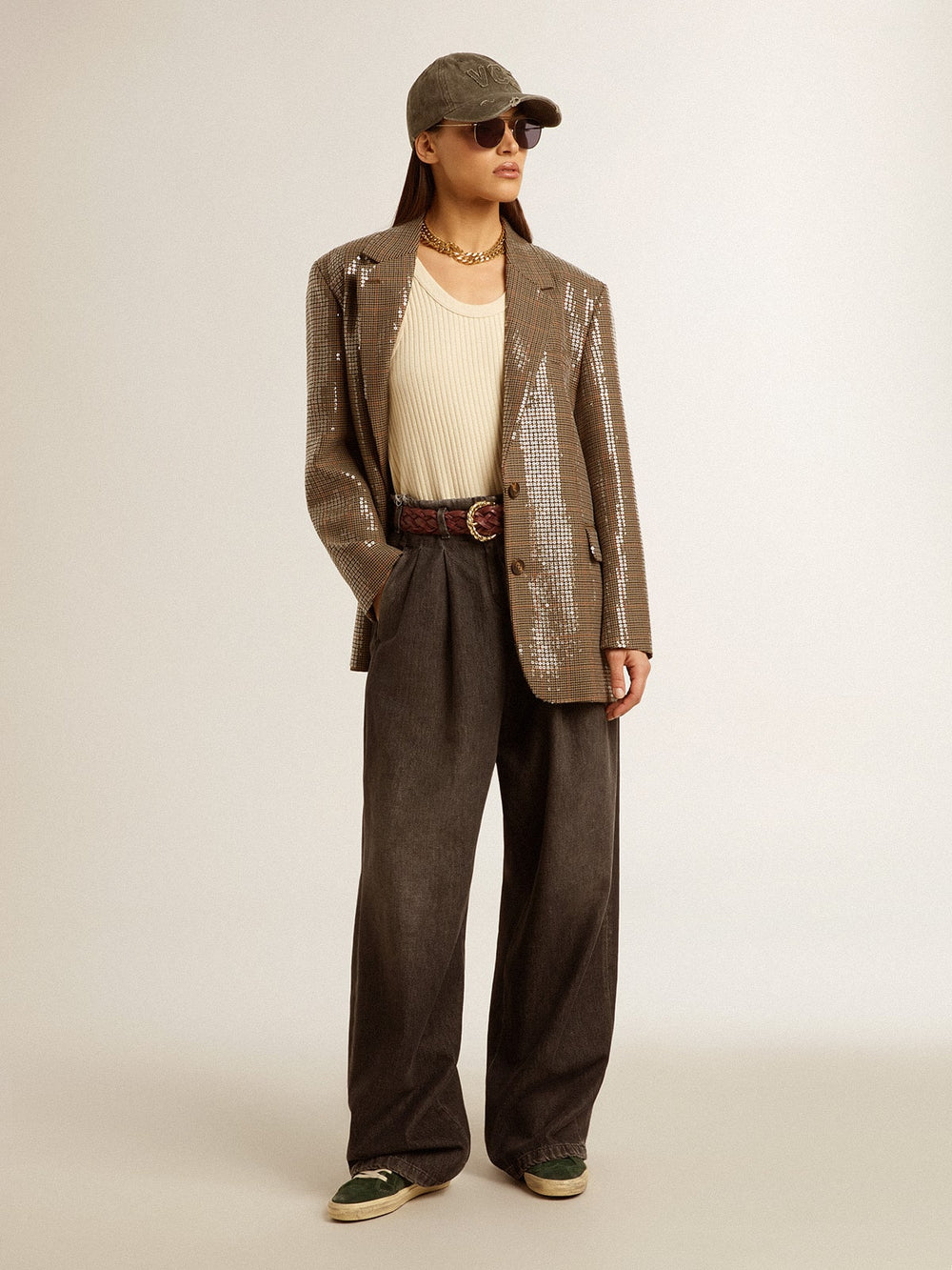 Women's houndstooth jacket with all-over sequin embroidery