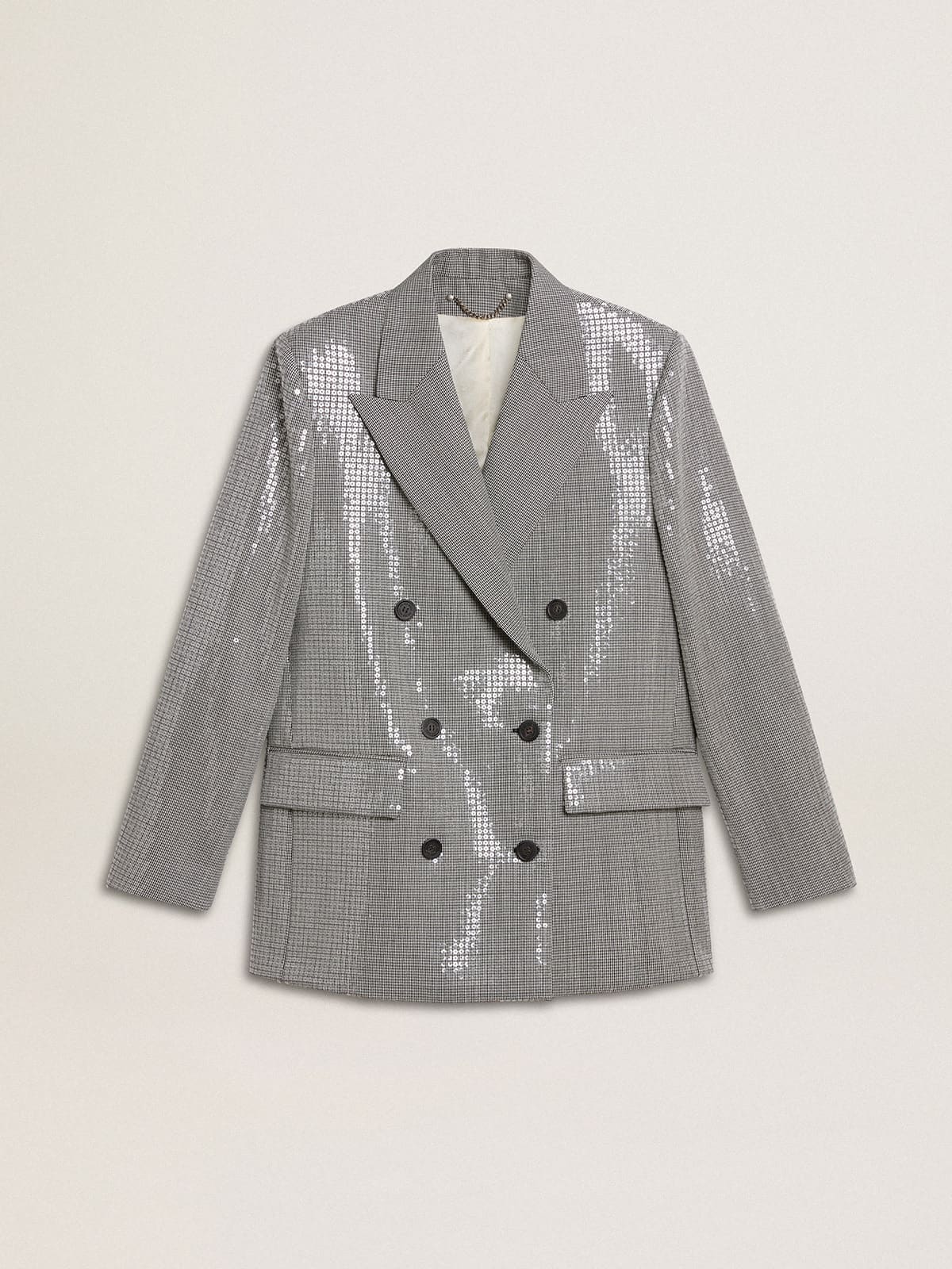 Double-breasted wool boyfriend jacket in micro houndstooth and sequins