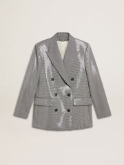 Double-breasted wool boyfriend jacket in micro houndstooth and sequins
