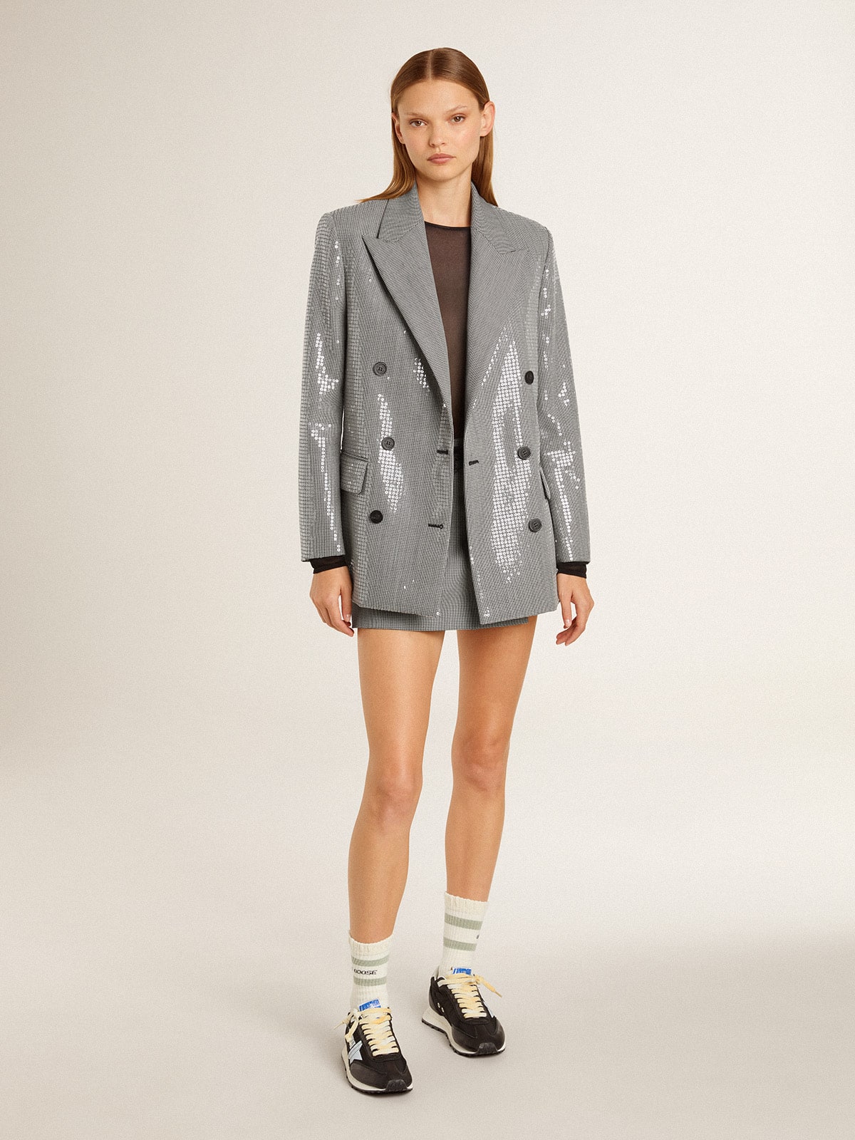 Double-breasted wool boyfriend jacket in micro houndstooth and sequins