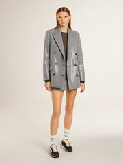 Double-breasted wool boyfriend jacket in micro houndstooth and sequins