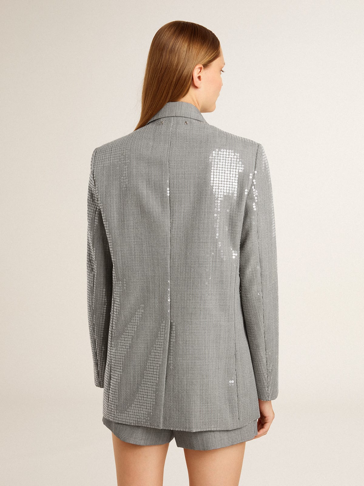 Double-breasted wool boyfriend jacket in micro houndstooth and sequins