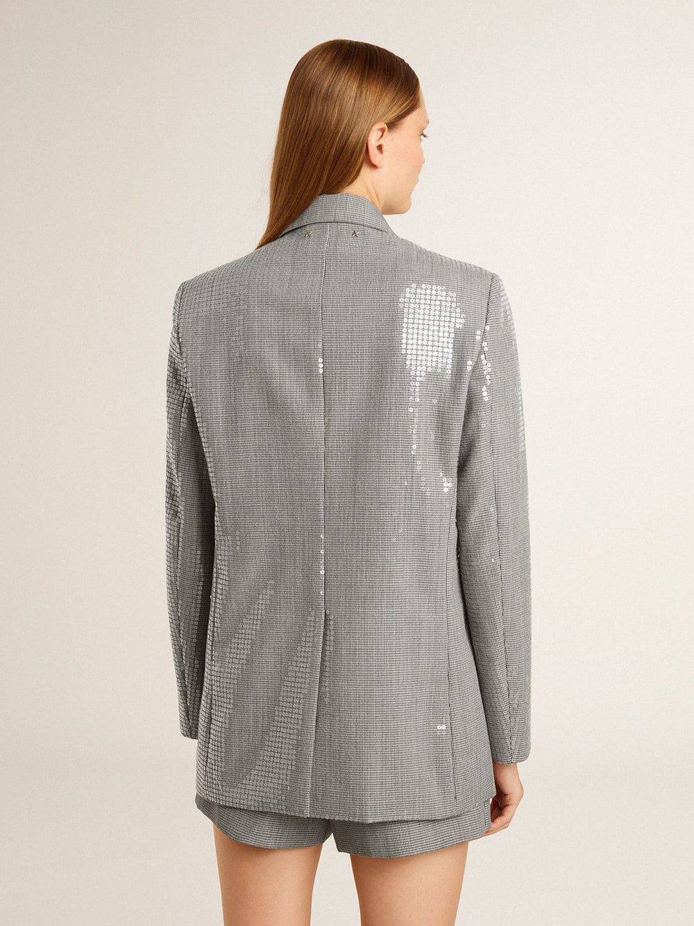 Double-breasted wool boyfriend jacket in micro houndstooth and sequins