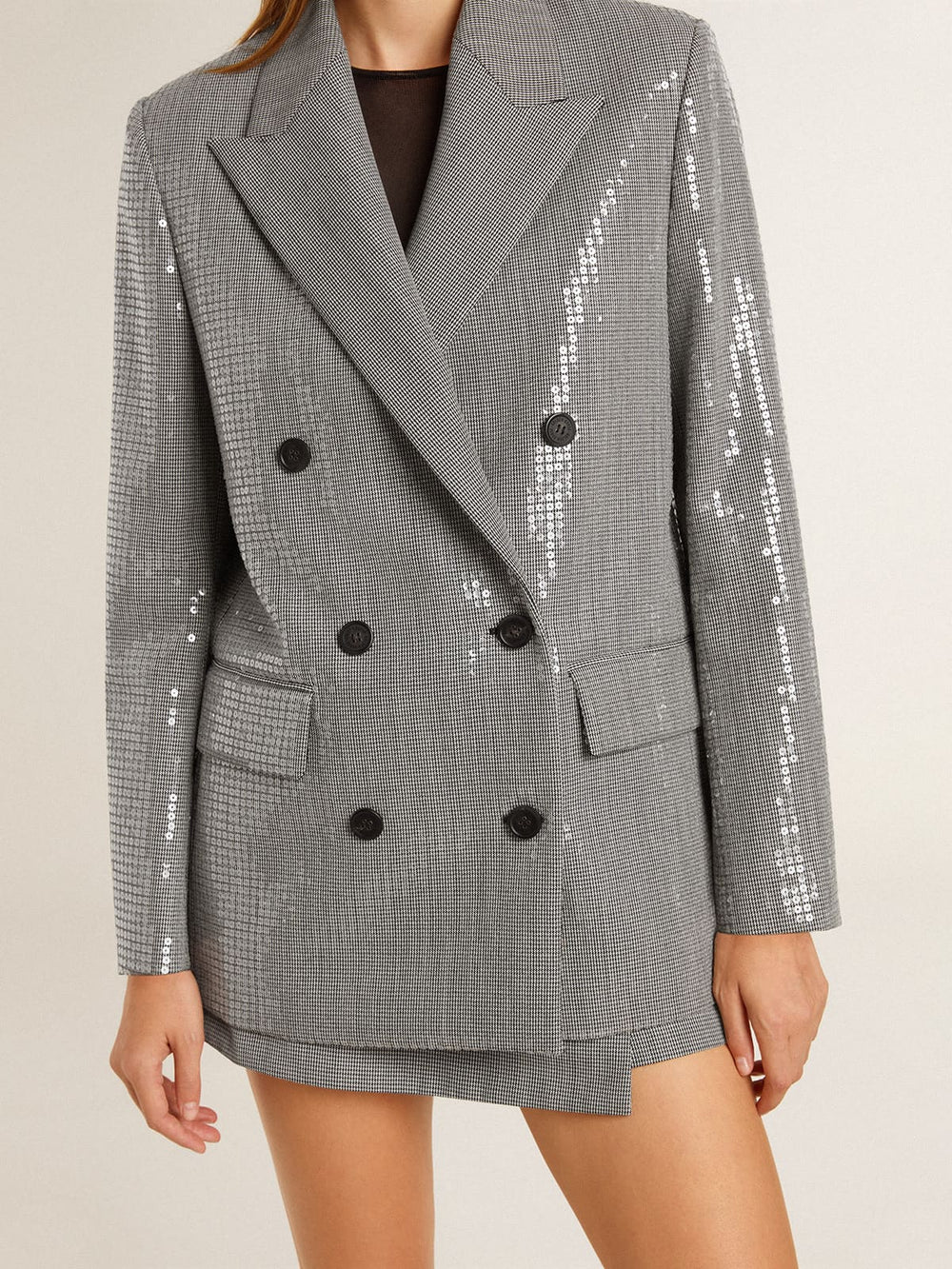 Double-breasted wool boyfriend jacket in micro houndstooth and sequins