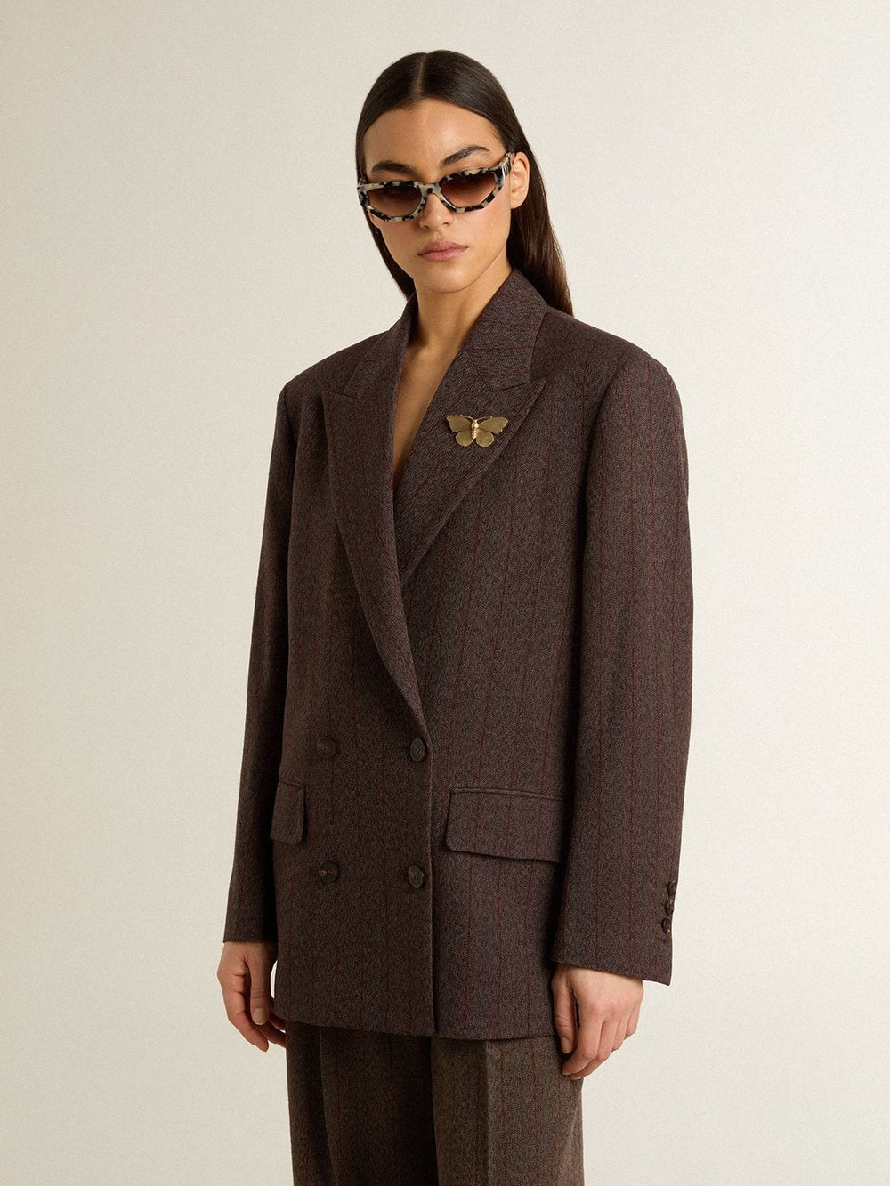 Women's double-breasted blazer in dark brown wool with thin stripe pattern