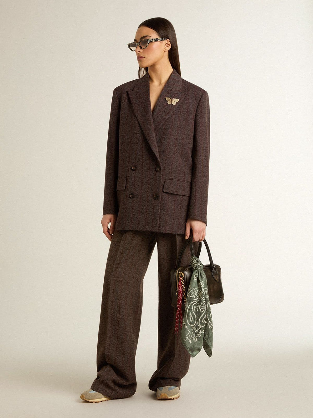 Women's double-breasted blazer in dark brown wool with thin stripe pattern