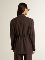 Women's double-breasted blazer in dark brown wool with thin stripe pattern