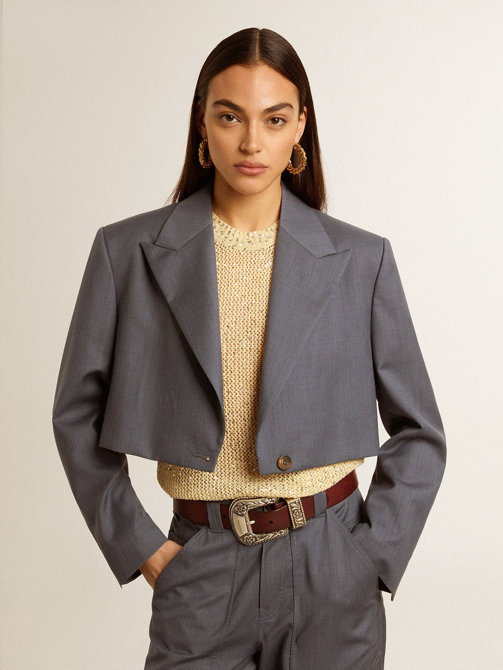 Women's single-breasted cropped jacket in baby blue wool