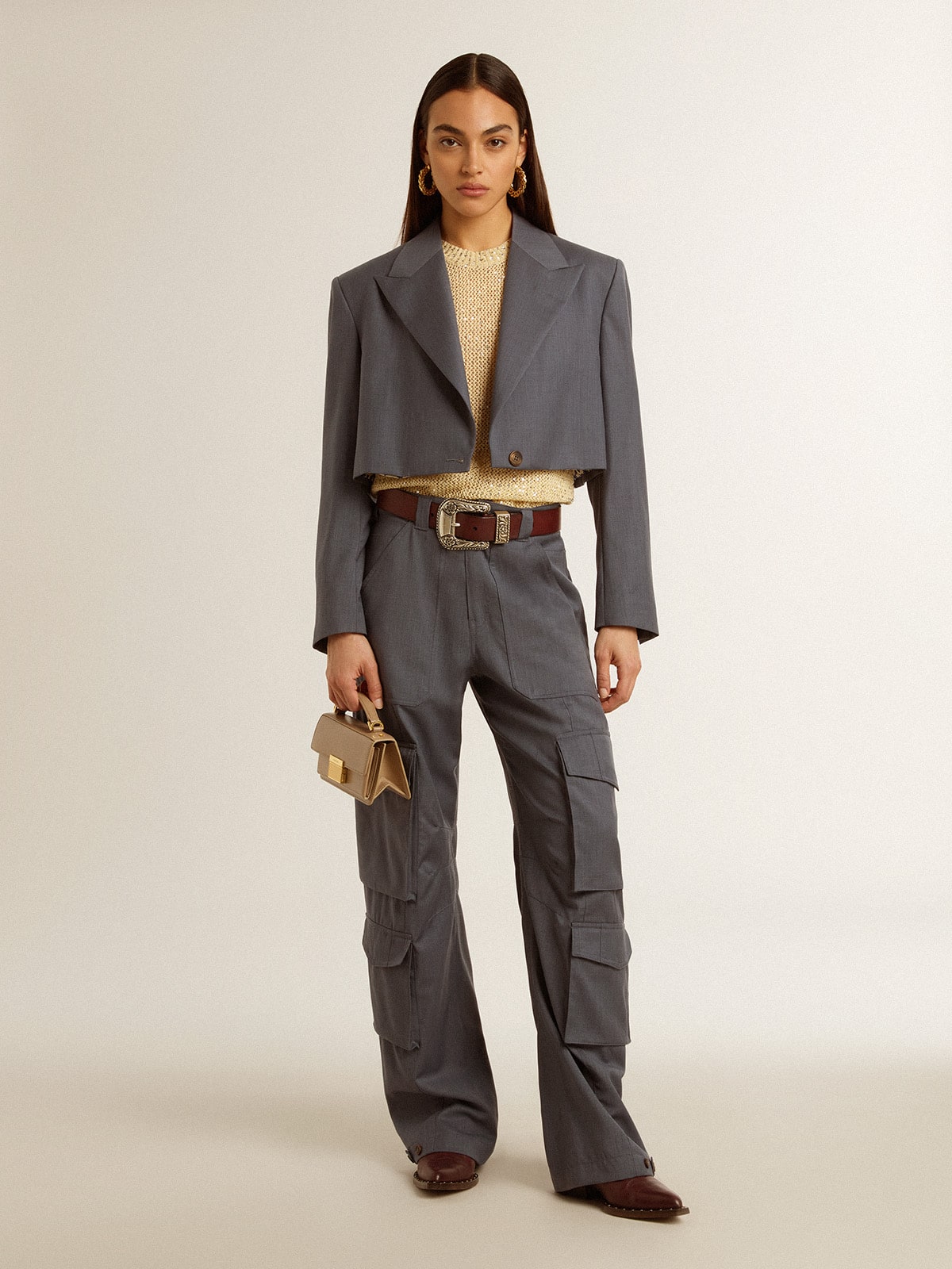 Women's single-breasted cropped jacket in baby blue wool