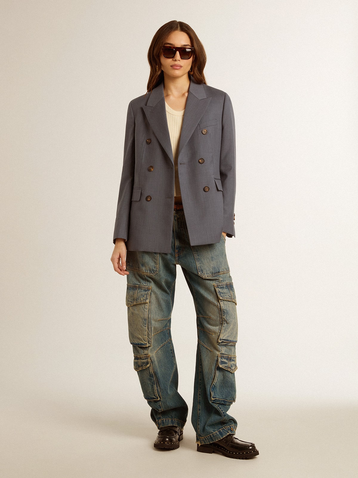 Women's double-breasted blazer in baby blue