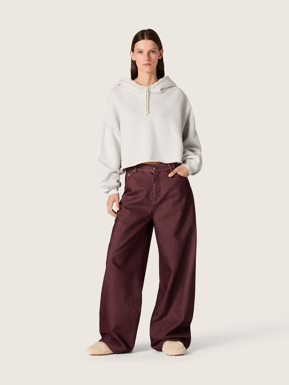 Star women’s cropped hooded sweatshirt in gray melange cotton