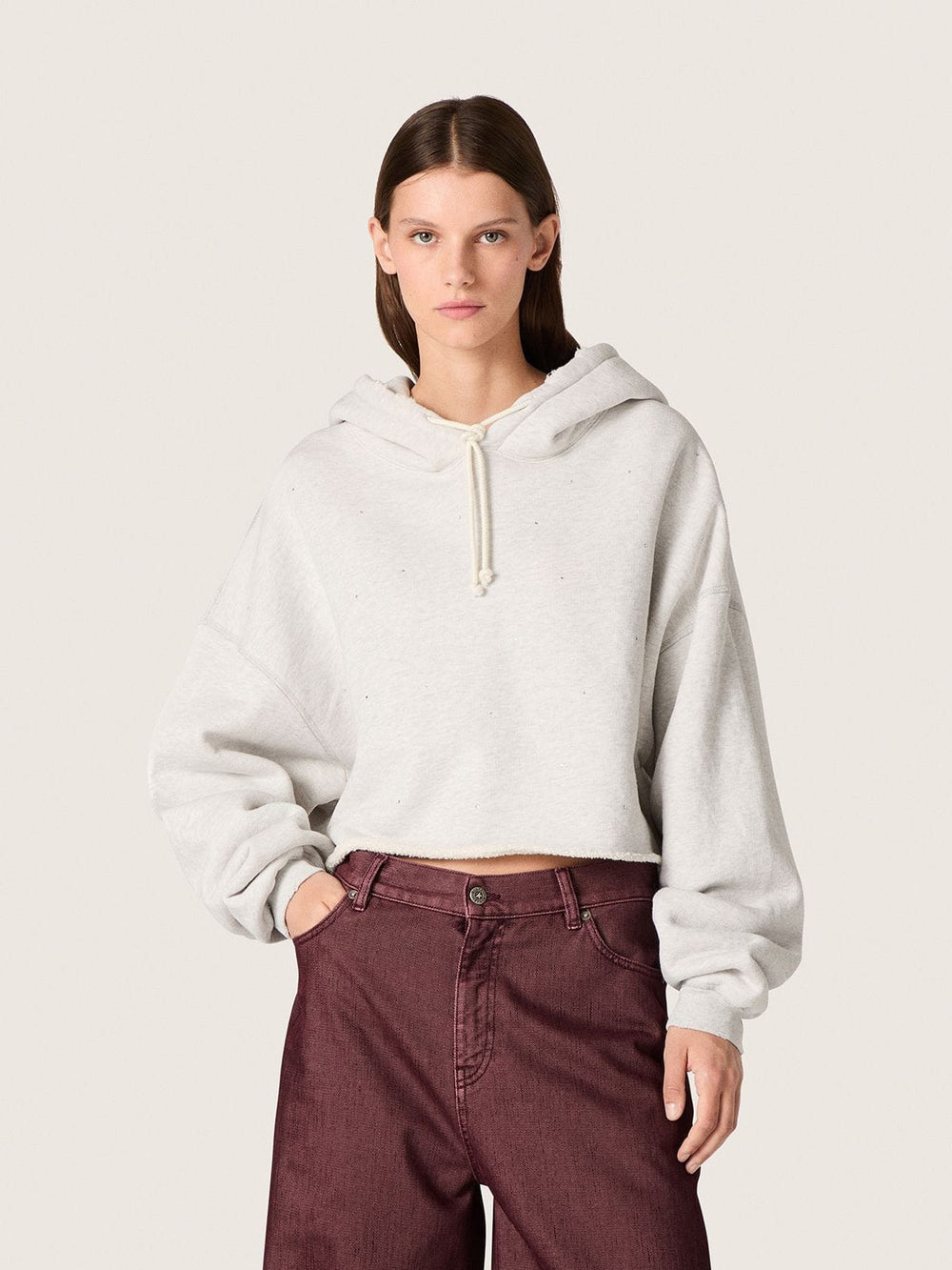 Star women’s cropped hooded sweatshirt in gray melange cotton