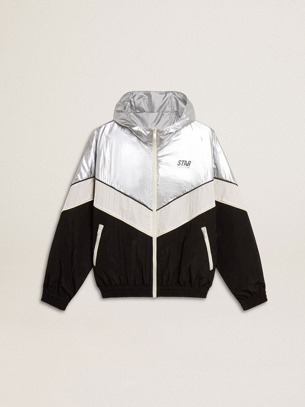 Silver white and black zippered windproof jacket