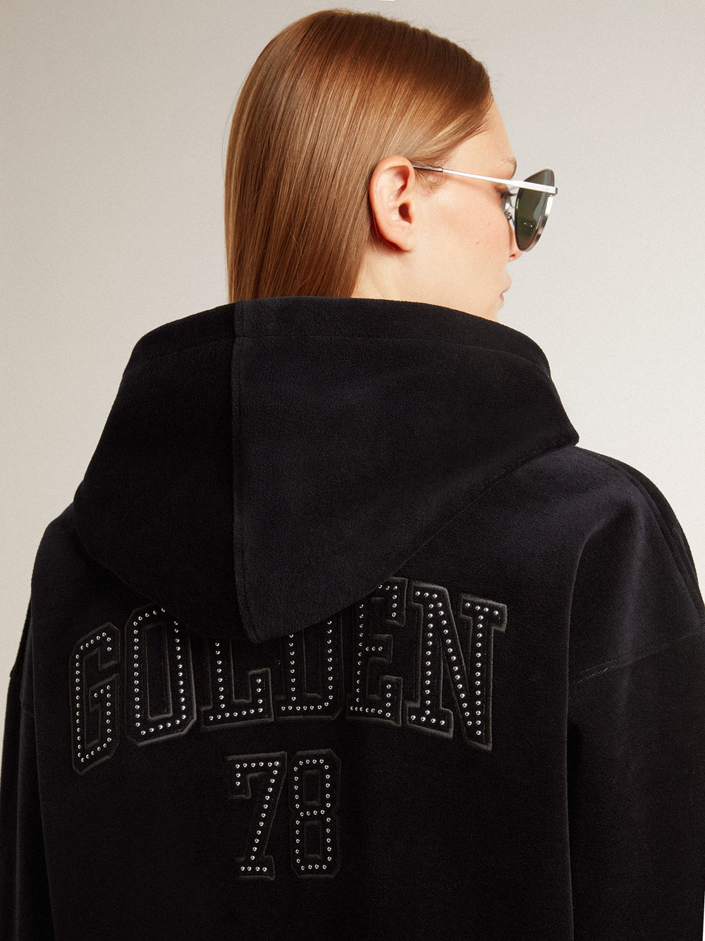 Women’s black chenille sweatshirt with embroidery on the back