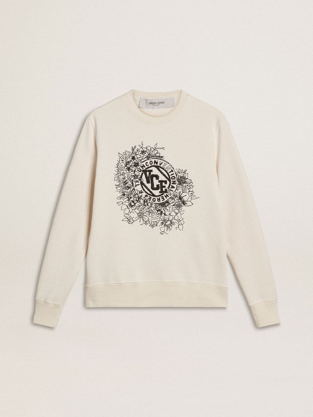 Women’s worn-white cotton sweatshirt with embroidery