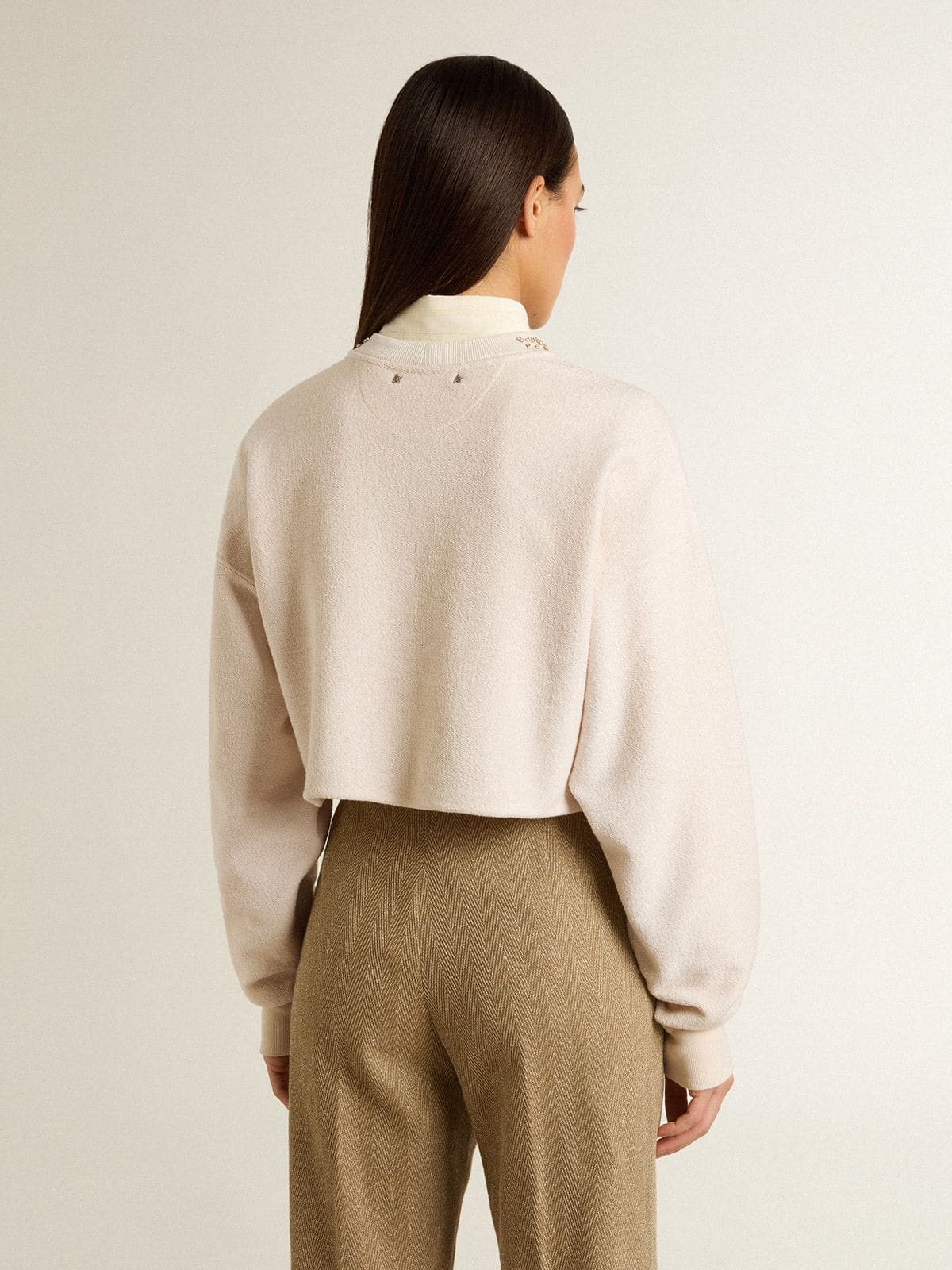 Women's cream cotton cropped sweatshirt with crystals on the front