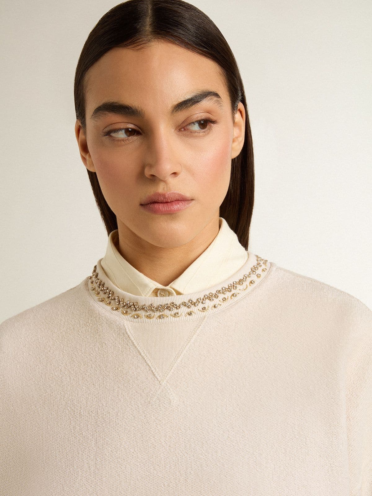 Women's cream cotton cropped sweatshirt with crystals on the front