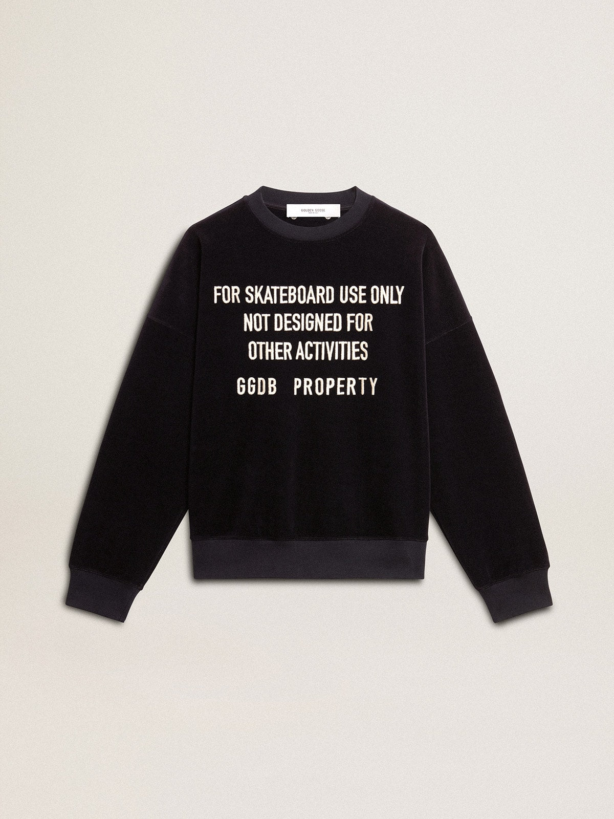 Black crew neck sweatshirt with embroidered lettering