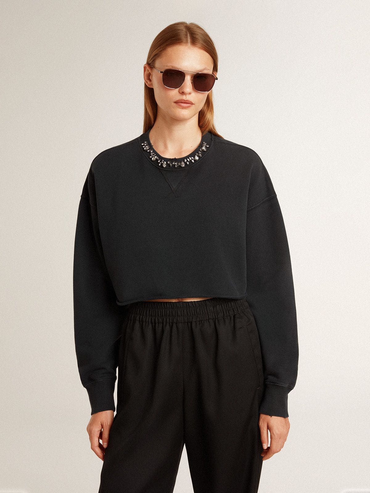 Women's cropped cotton sweatshirt with crystals on the front
