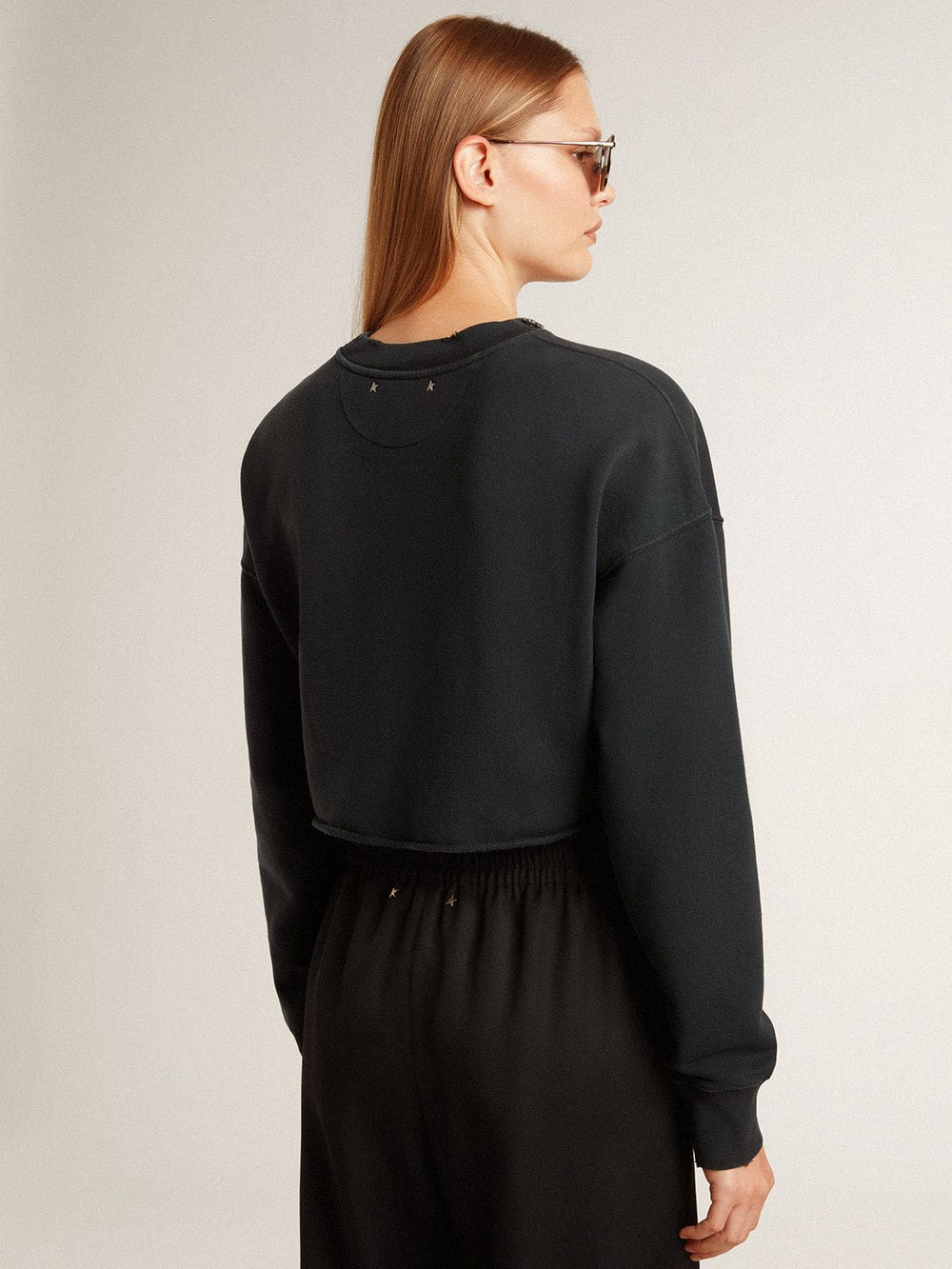 Women's cropped cotton sweatshirt with crystals on the front