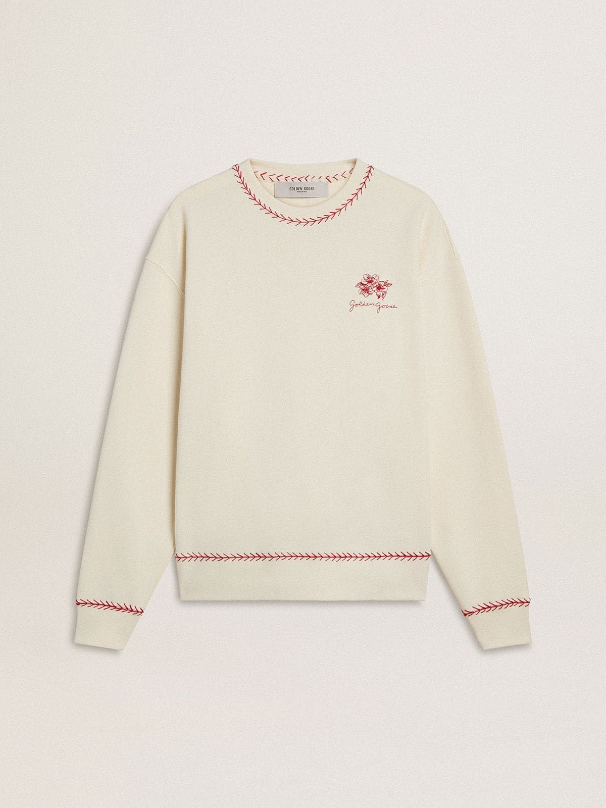 CNY sweatshirt in worn-white cotton with red embroidery