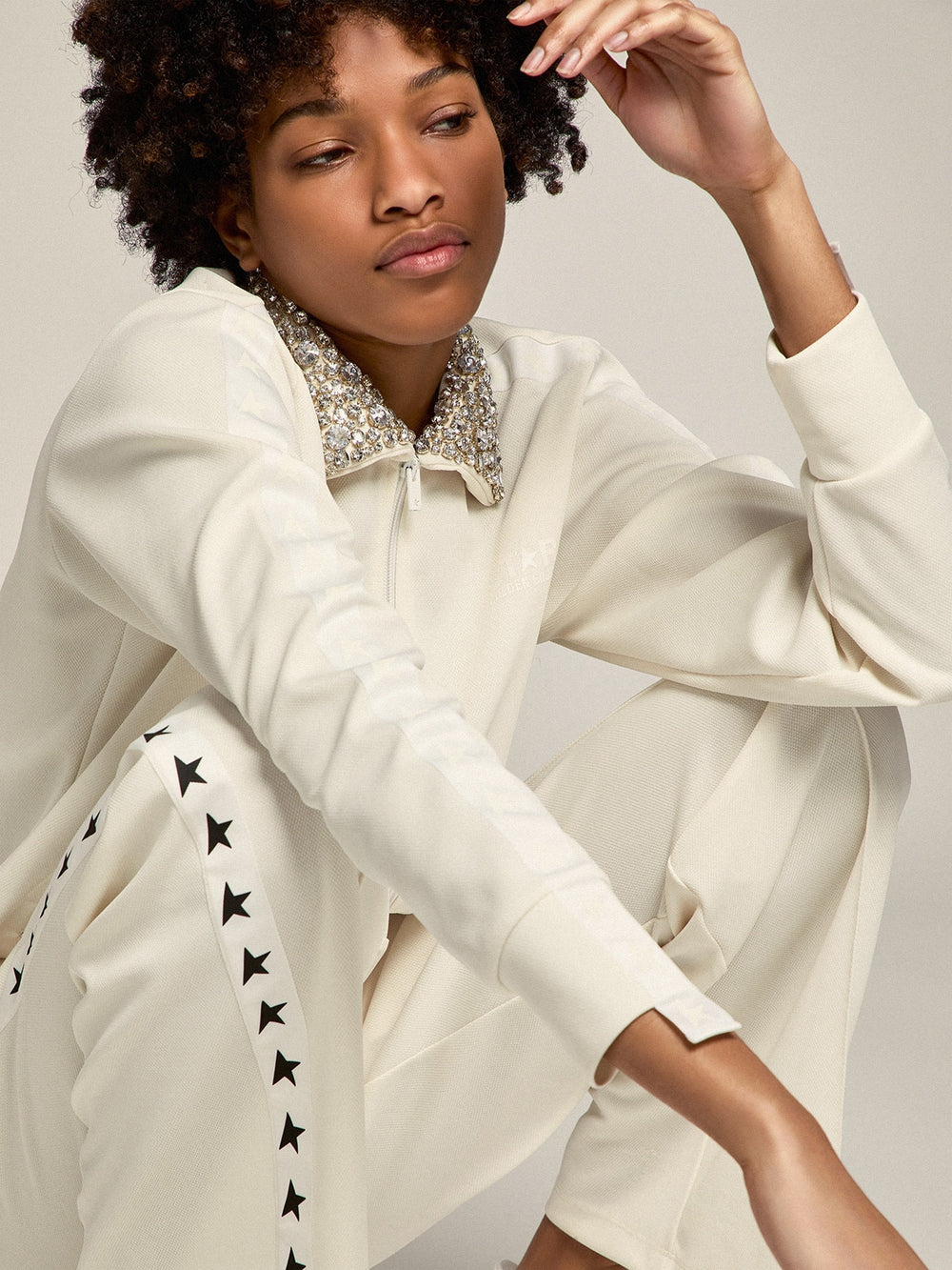 Papyrus white Denise Star Collection zipped sweatshirt with crystal collar