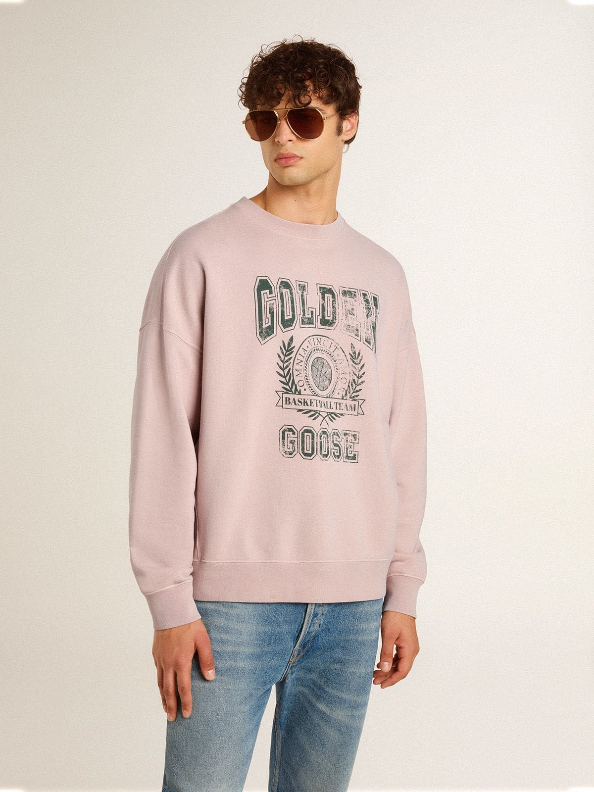 Old rose unisex round neck sweatshirt with green logo print