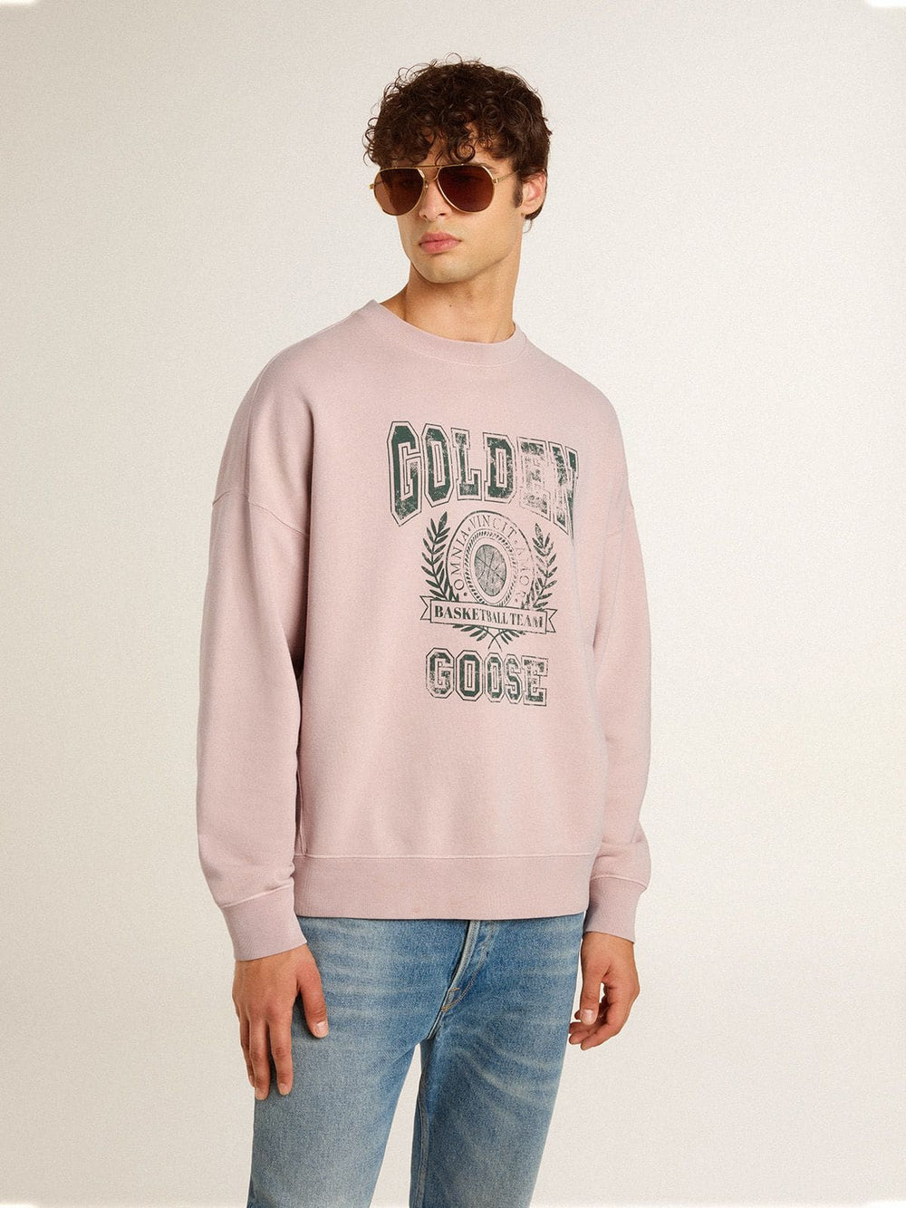 Old rose unisex round neck sweatshirt with green logo print