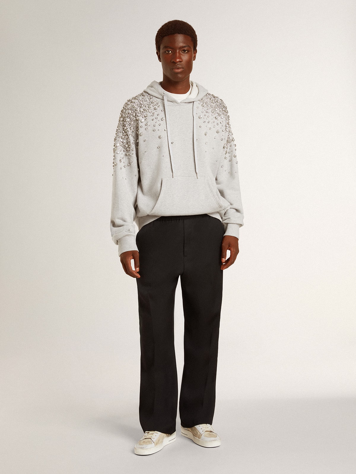 Gray hooded sweatshirt with crystal decoration