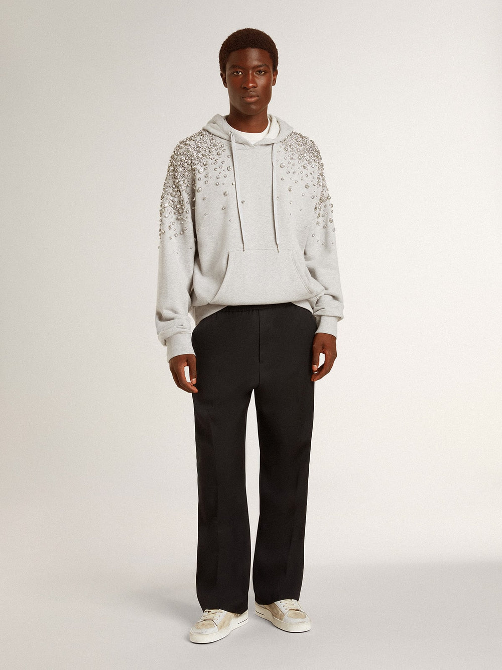 Gray hooded sweatshirt with crystal decoration