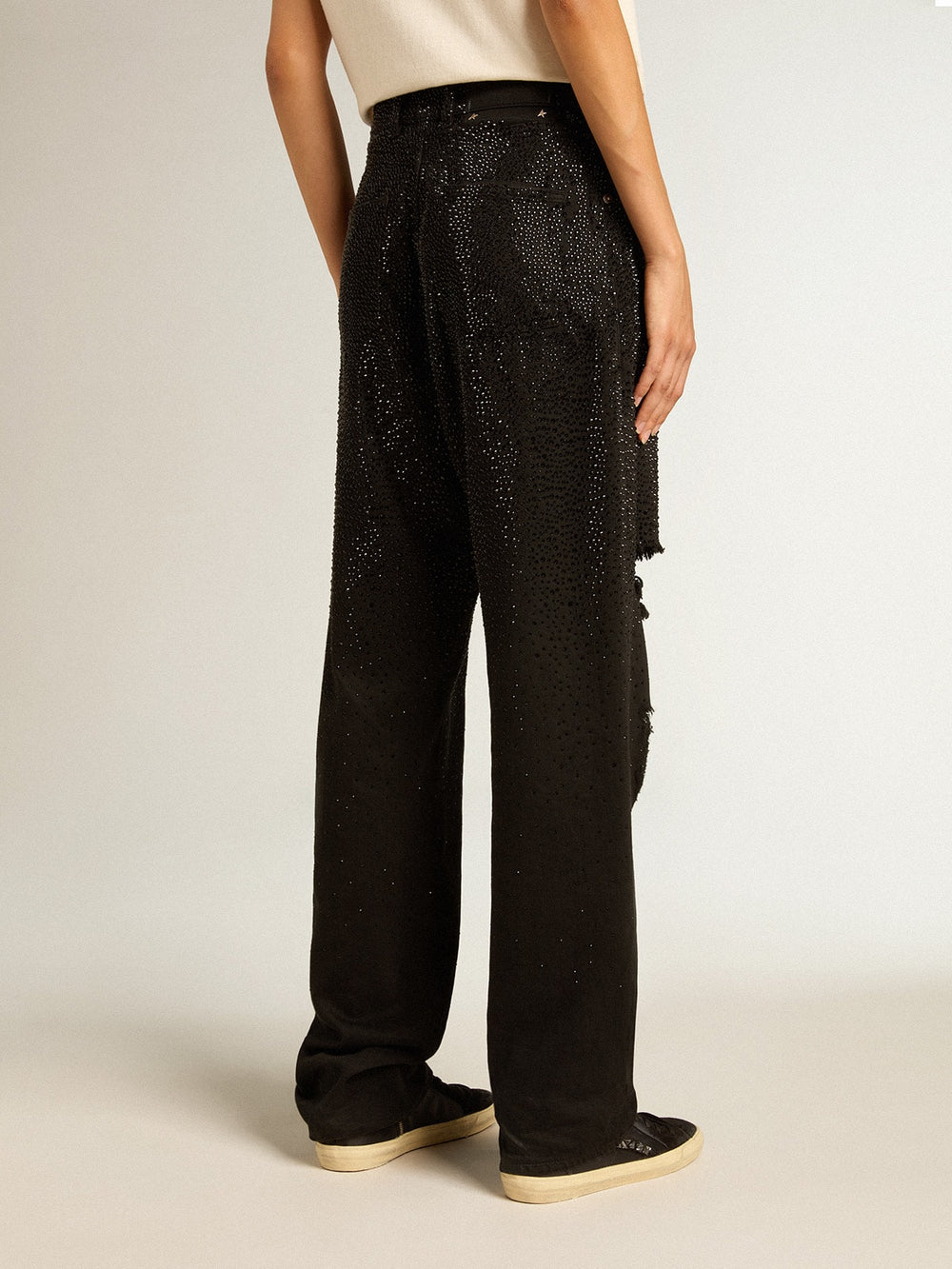Women’s cotton denim pants with shaded-effect crystal decoration