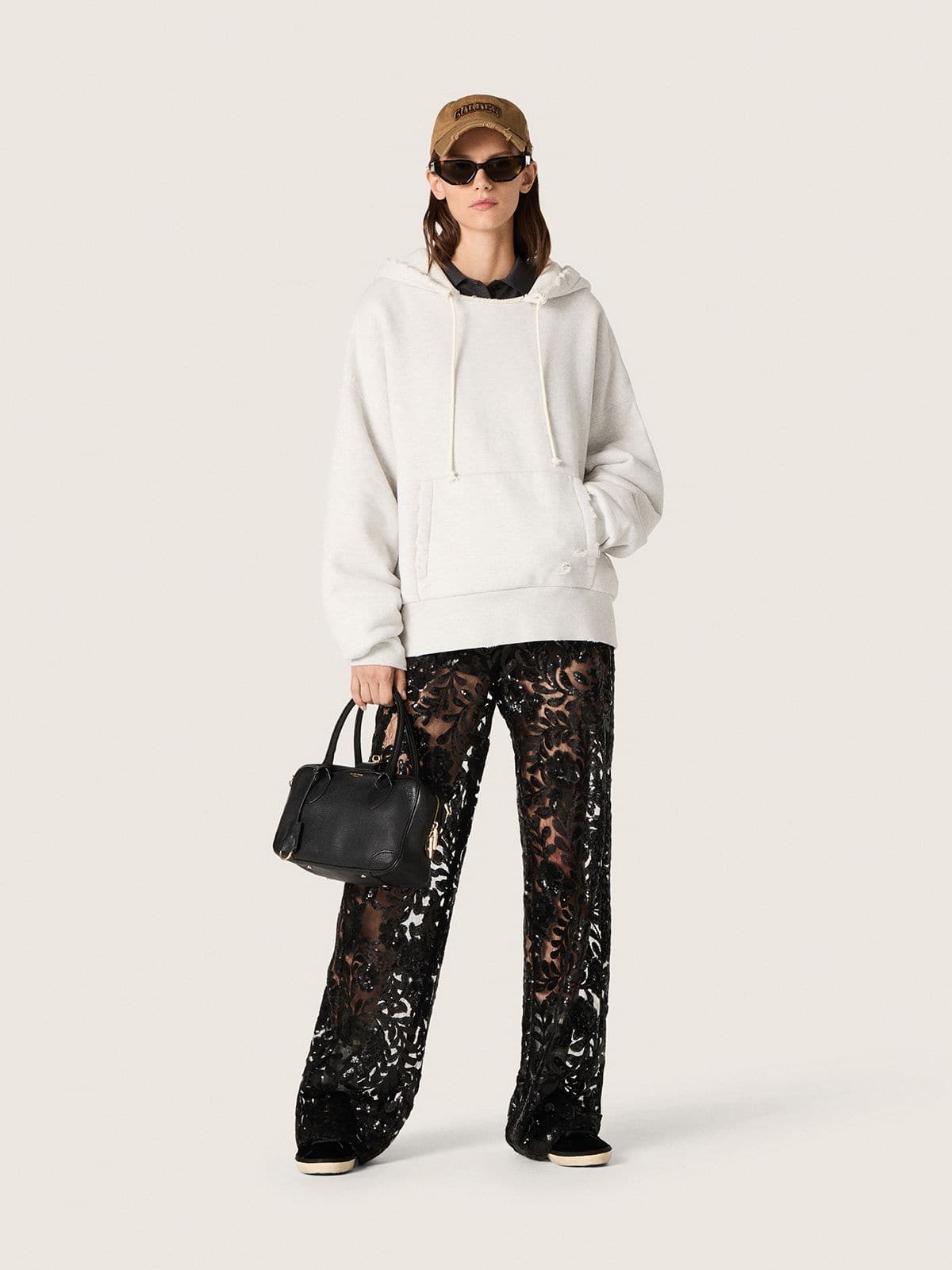 Women's tulle pants with floral embroidery in black sequins