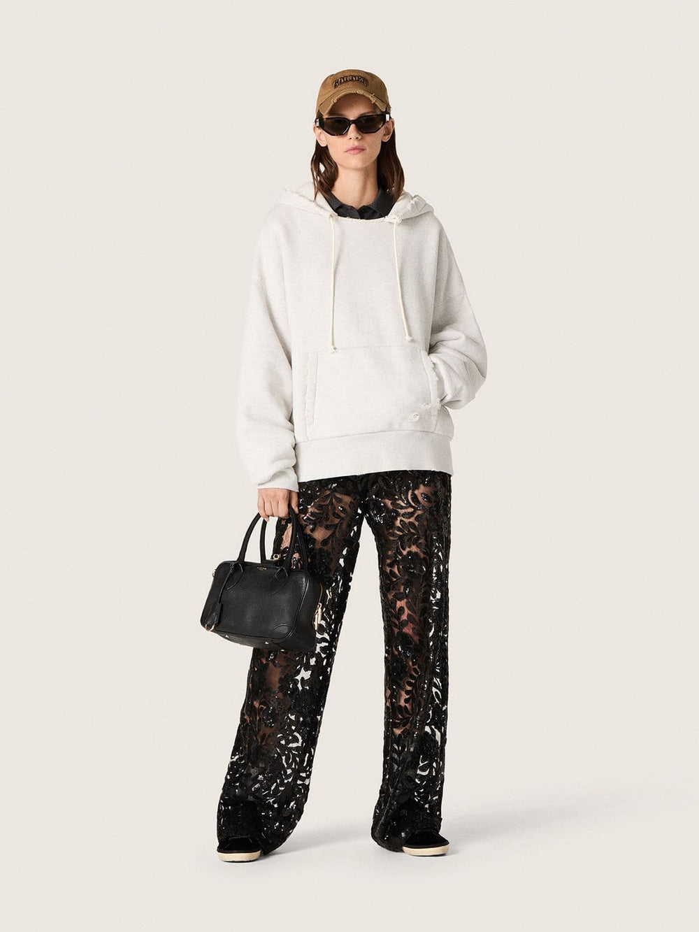 Women's tulle pants with floral embroidery in black sequins