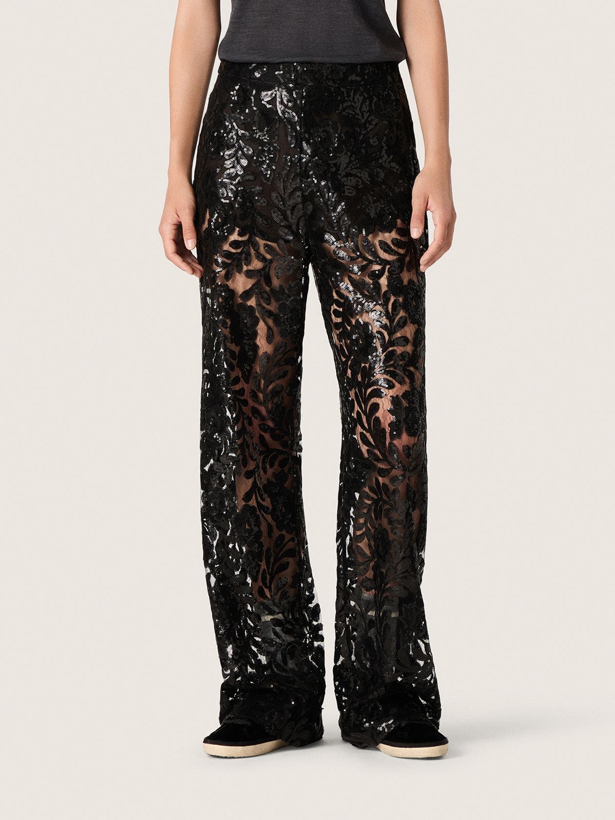 Women's tulle pants with floral embroidery in black sequins