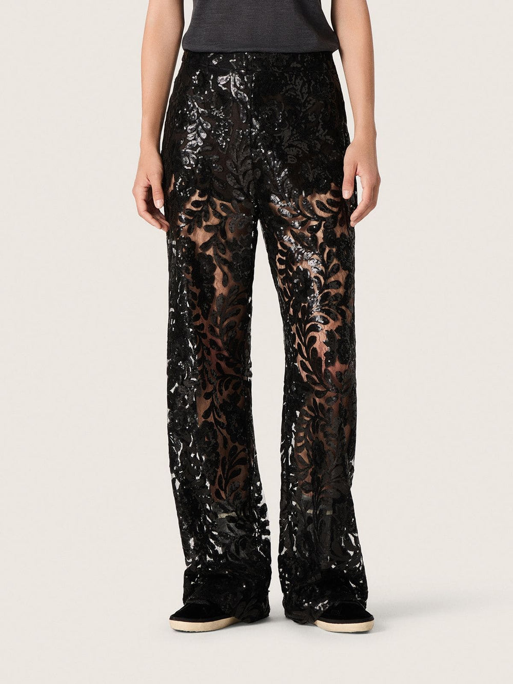 Women's tulle pants with floral embroidery in black sequins