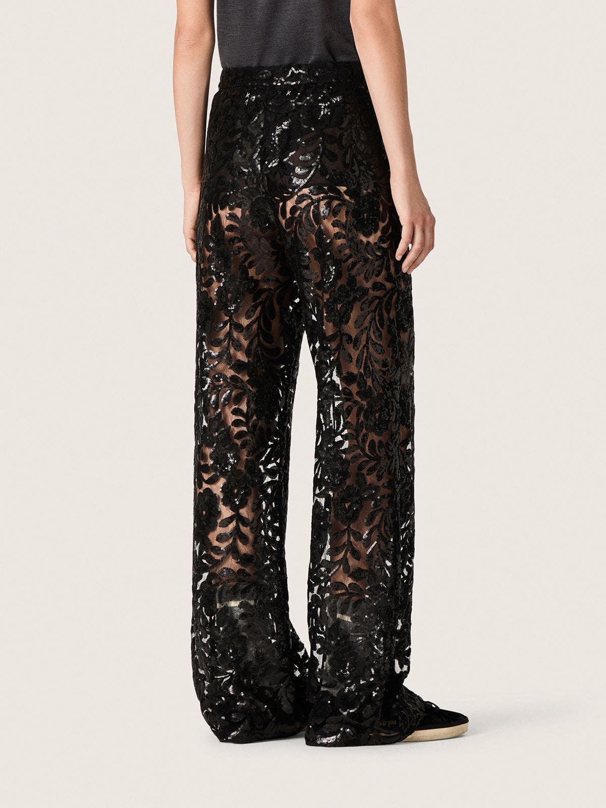 Women's tulle pants with floral embroidery in black sequins