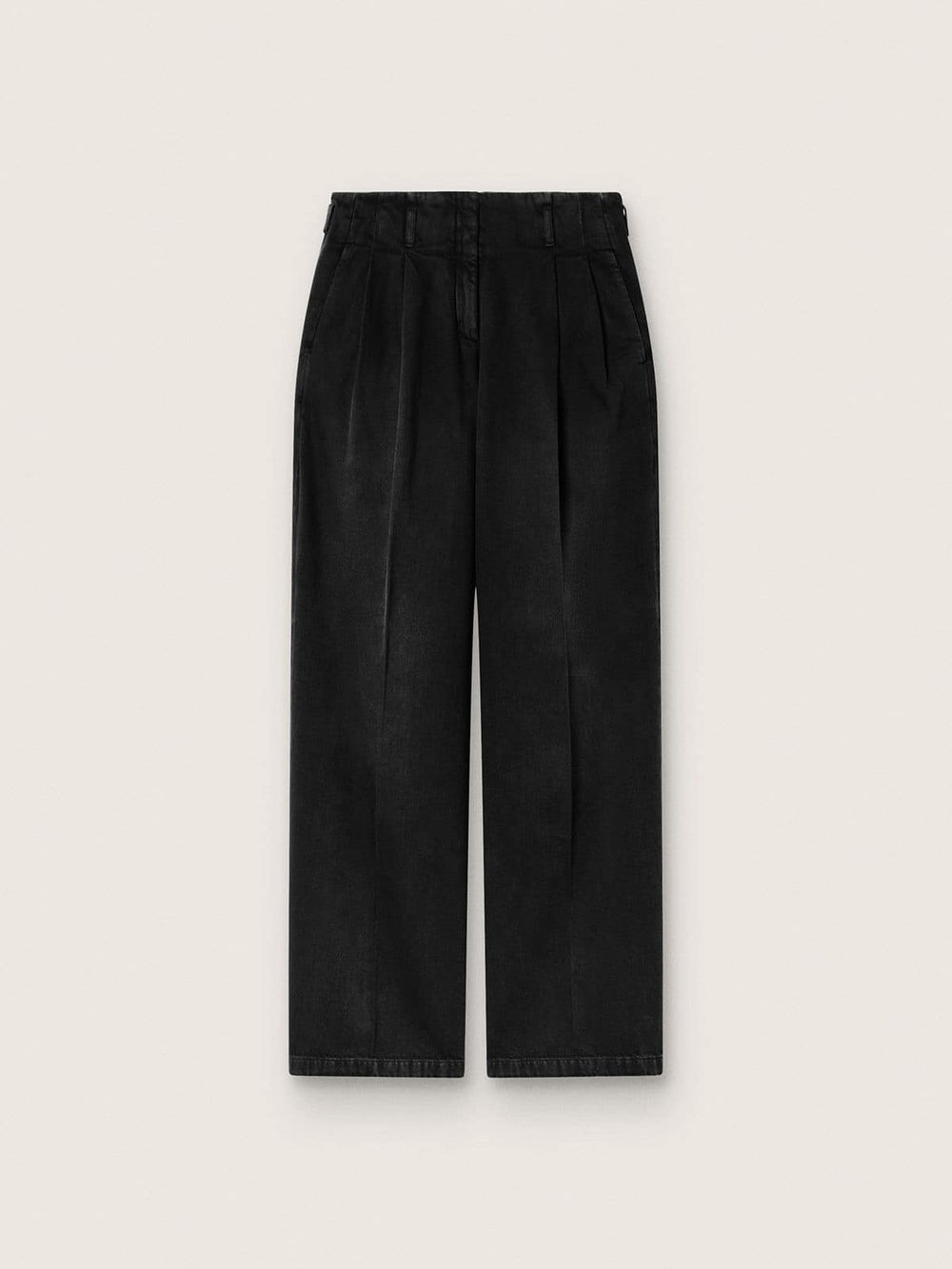 Women's pants in black cotton denim with a lived-in treatment