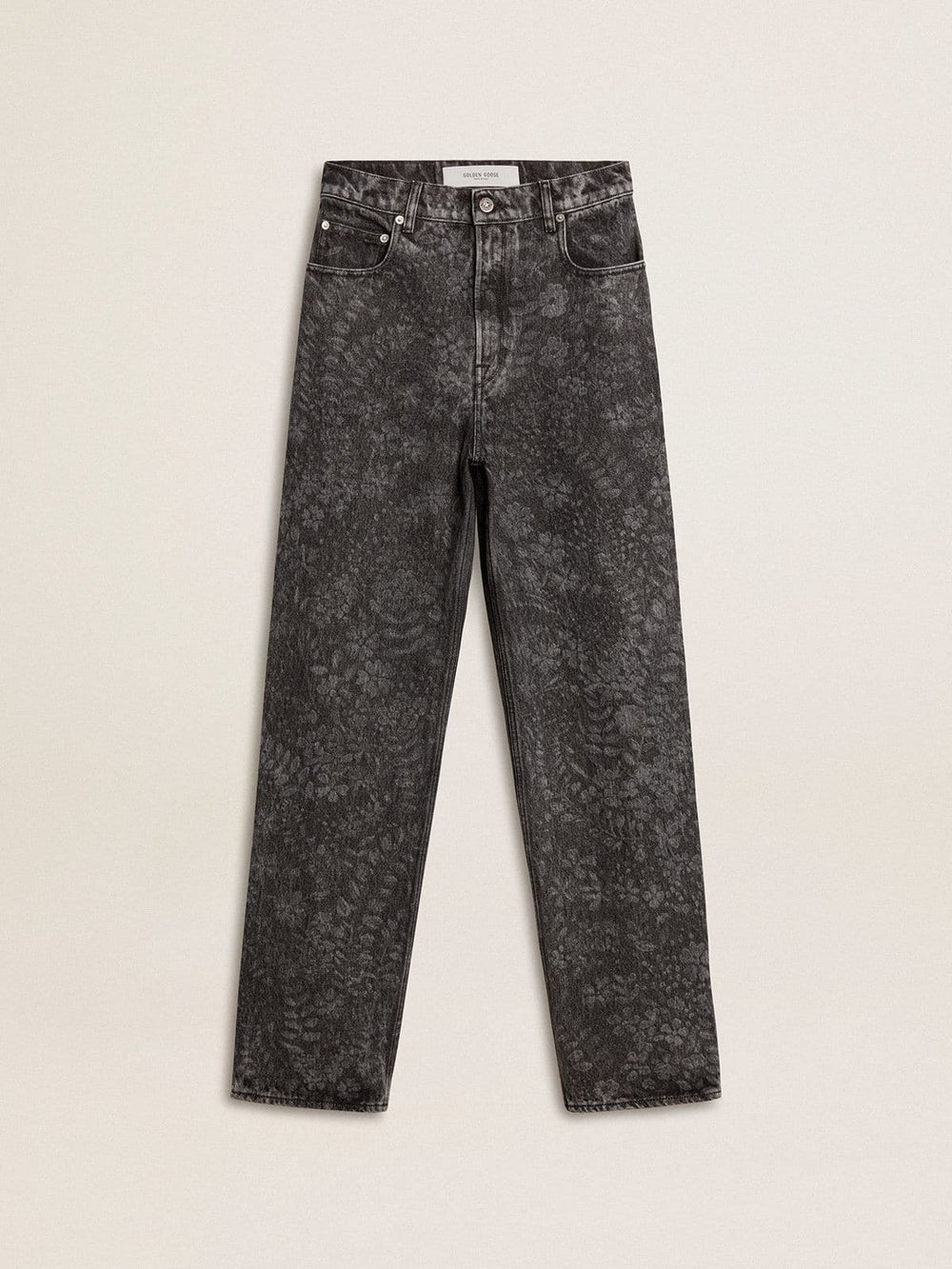 Women's black jeans with a floral motif