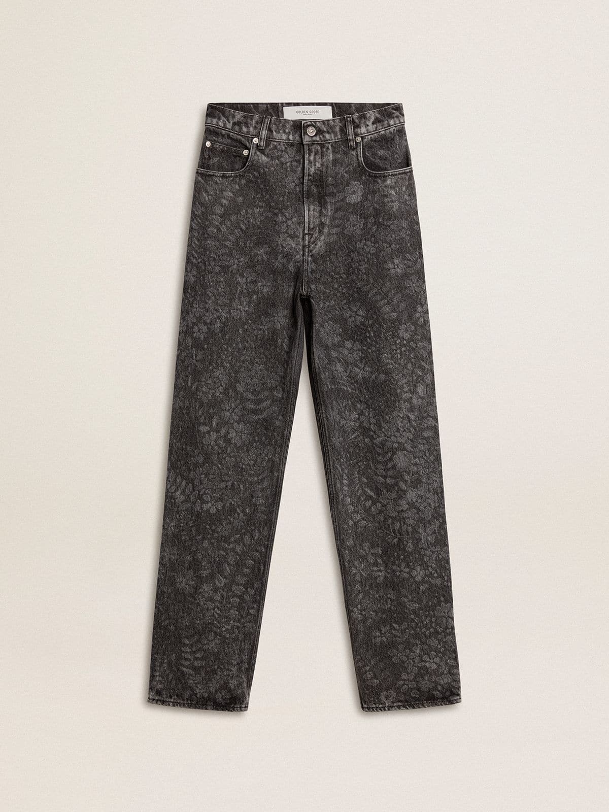 Women's black jeans with a floral motif