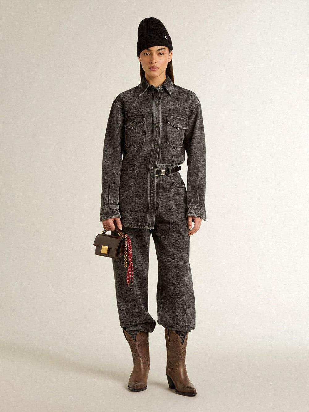 Women's black jeans with a floral motif