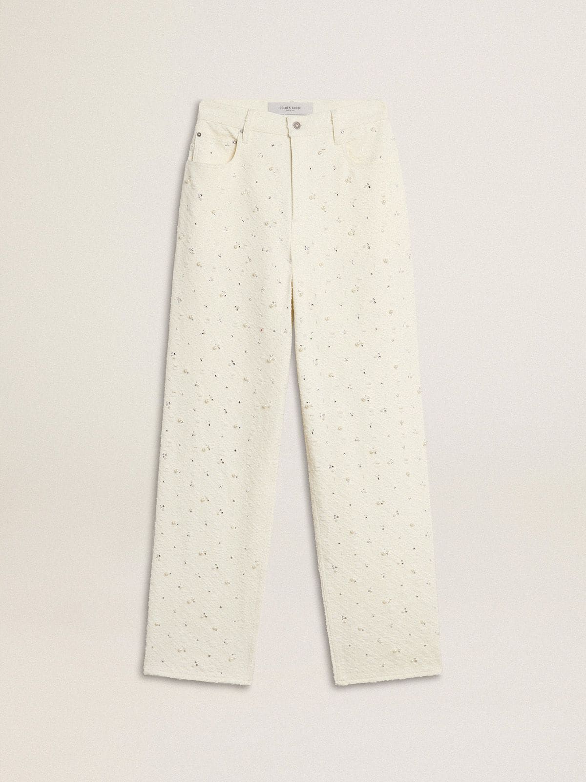 Women's white denim pants with beading and crystals