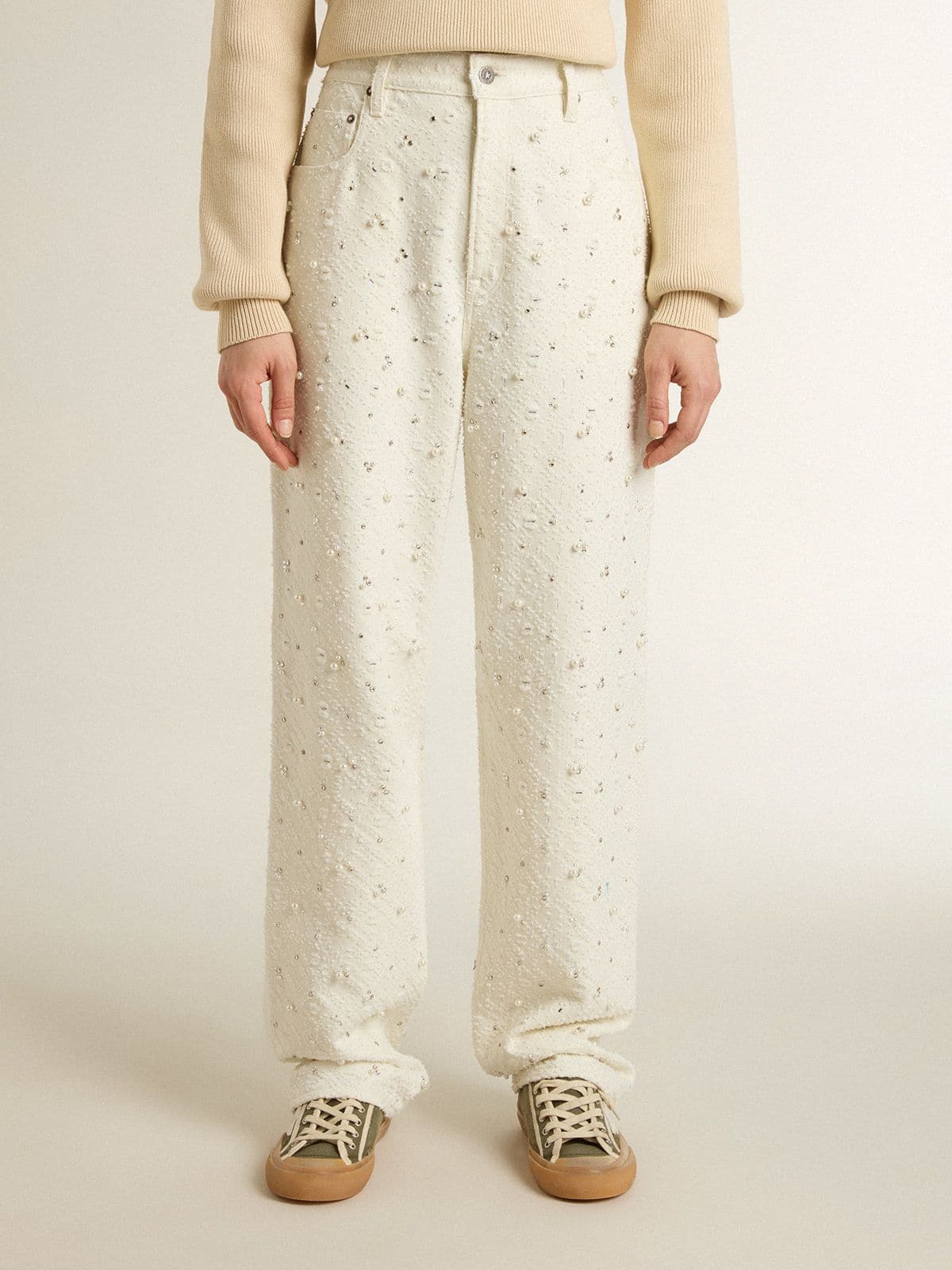 Women's white denim pants with beading and crystals